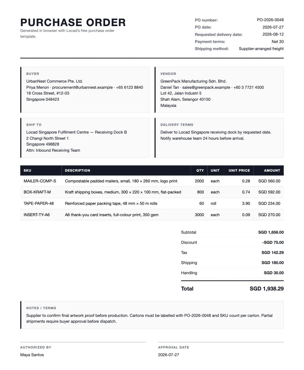 Completed purchase order example showing PO number, supplier, line items and totals