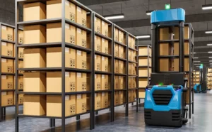 robot carrying boxes inside an automated warehouse