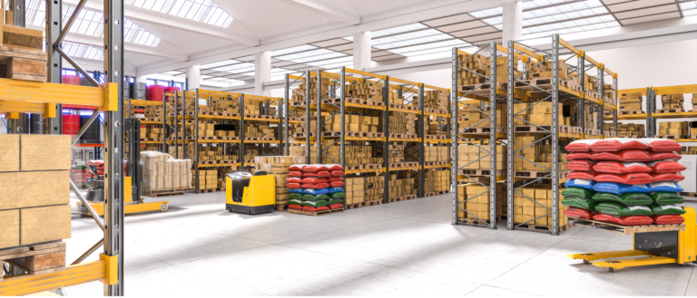 A warehouse space filled with cartons