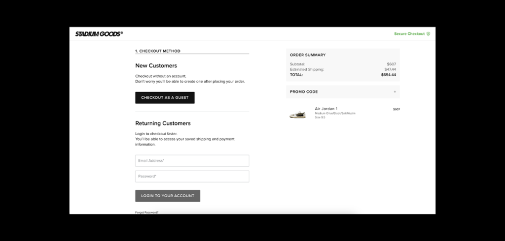 Checkout page offering a guest checkout option to complete purchase without creating an account, aiming to reduce cart abandonment rate and simplify the buying process.