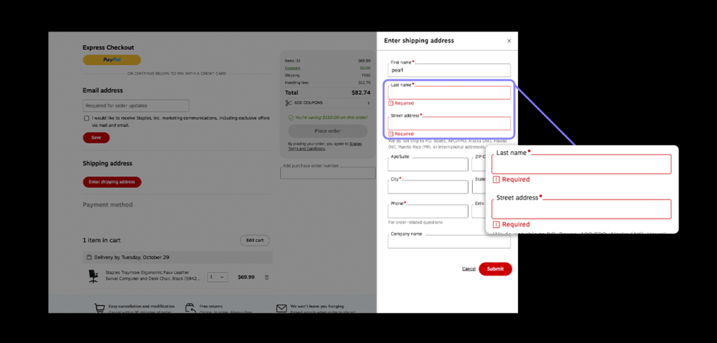 Checkout page with guest checkout and auto-fill options to avoid higher cart abandonment rate, providing a faster and more convenient purchase experience.